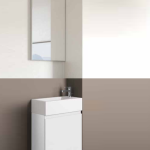 3in1 Badmöbelangebot in Halle/Saale: Spiegel mit Halogenleuchte + Waschtisch (Waschbecken) + Waschtischunterschrank (Waschbeckenunterschrank) für Gästebad mit Möbelfront in Hochglanz Weiß